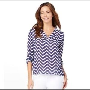 Charming Charlie Navy Blue & White Chevron Blouse